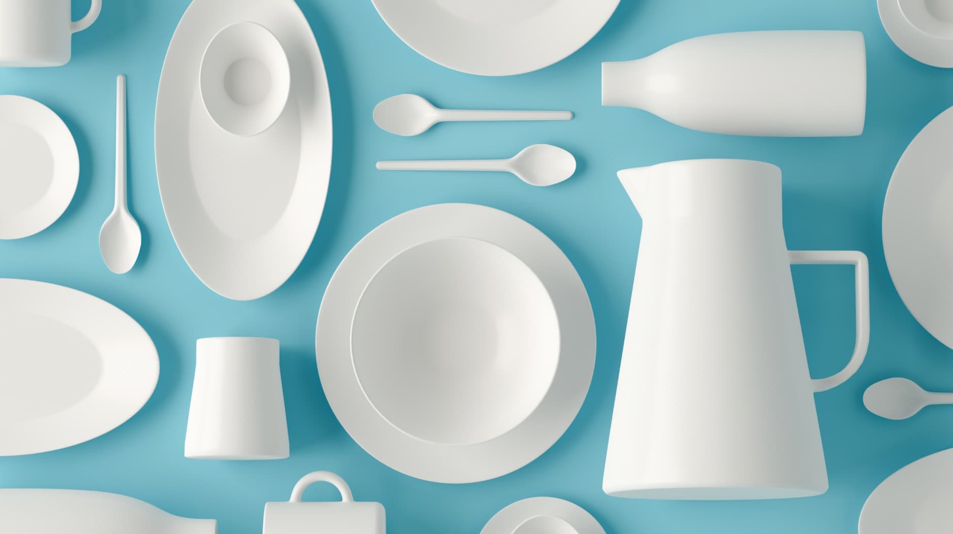 Bagasse tableware — plates, forks and cups on a teal background