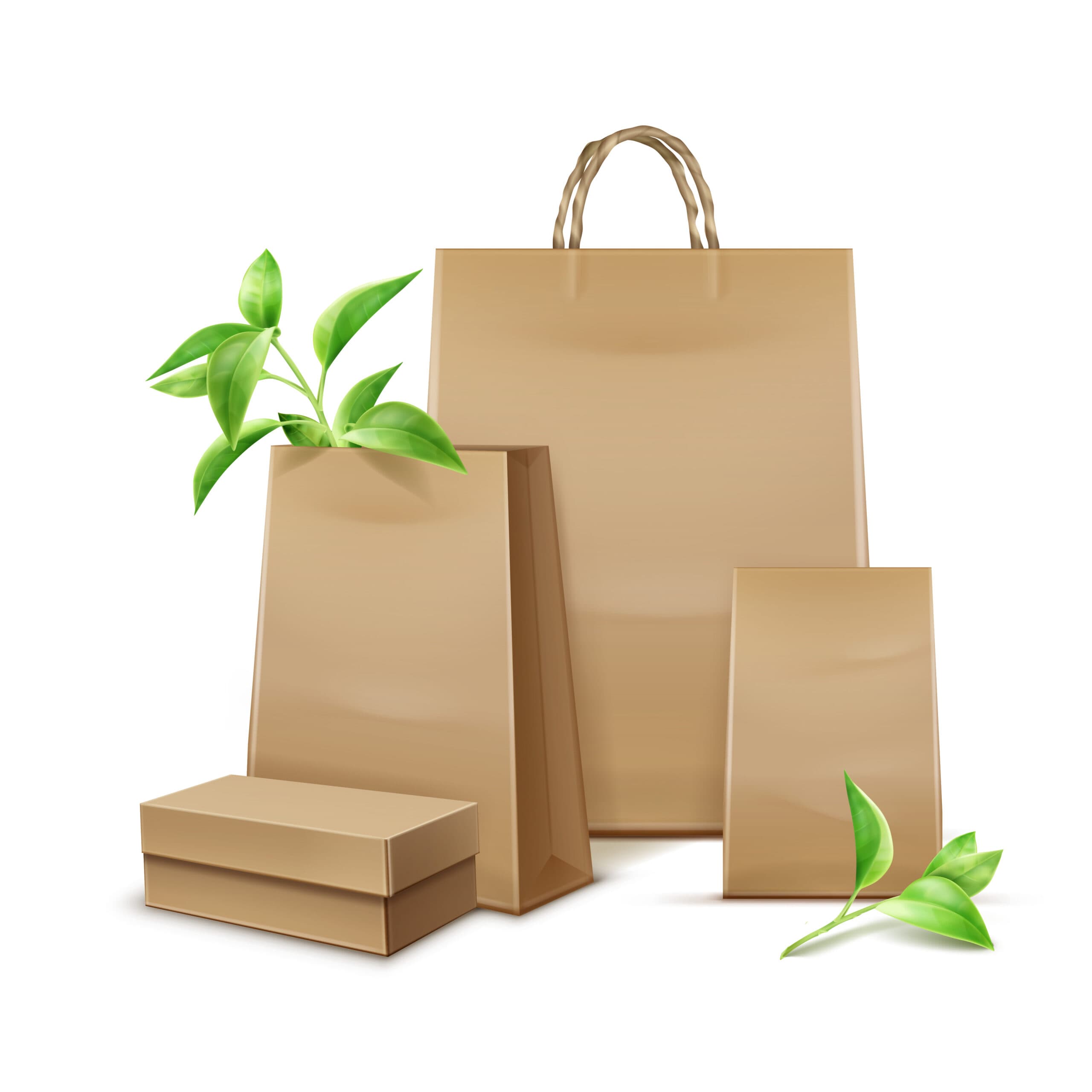 Kraft paper bags with twisted handles in a store front